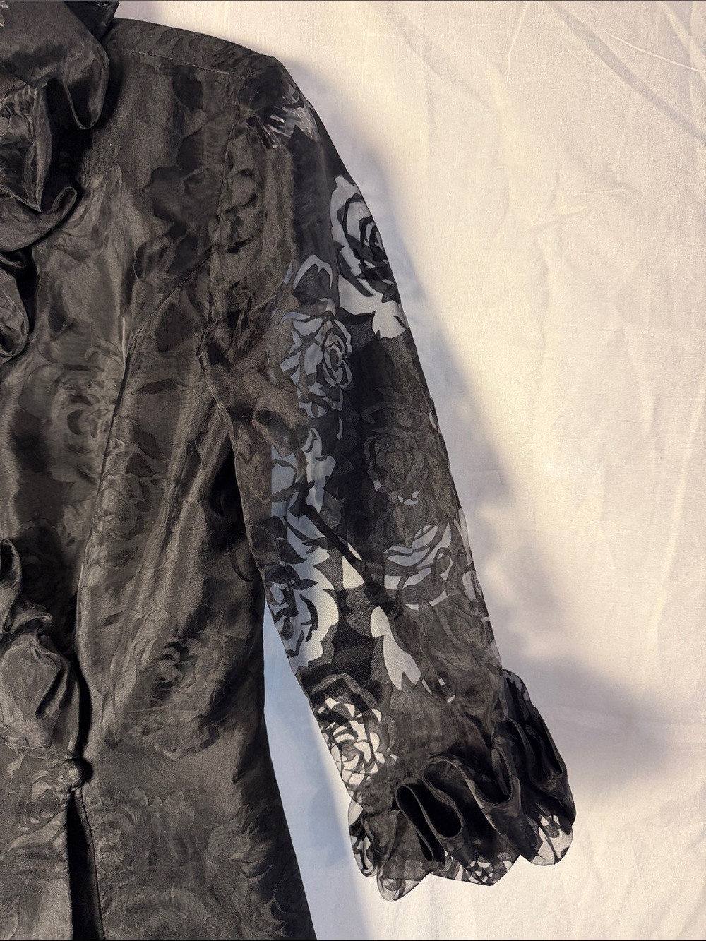 Alex Evenings Black Floral Jacquard Ruffle Front Blouse - Picture 4 of 11